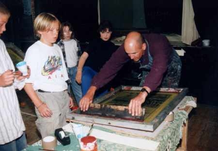 Teaching screenprinting for handmade books, west of Ireland 2001?