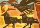 1‐4985 <b>crows & hare</b>  woodcut & acrylic 40 x 55 cms Â£POA‐Greg Poole