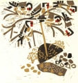 1‐4993 <b>goldfinches on yellow horned poppy</b>  woodcut 42 x 42 cms Â£POA‐Greg Poole