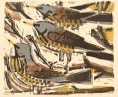 101‐5697 <b>fieldfares, 4 block woodcut</b>   20 x 25 cms ‐Greg Poole