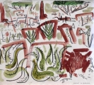 aloes, goats & weaver colony acacia ‐ gouache & wax crayon ‐ 30 x 28 cms ‐ £POA ‐     ethiopia‐Greg Poole