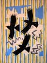 43‐1574 <b>alpine choughs 2</b>  woodcut & collage 70 x 53 cms Â£POA‐Greg Poole