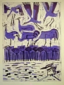 66‐3455 <b>pied kingfisher & cranes</b>  monoprint 76 x 57 cms ‐Greg Poole