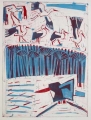 66‐3463 <b>smyrnah kingfisher, papyrus & storks</b>  monoprint 76 x 57 cms ‐Greg Poole